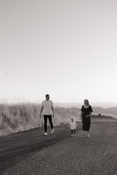 family of three walk casually in Mount Tamalpais by idaho wedding photographer erica rochelle photography logo