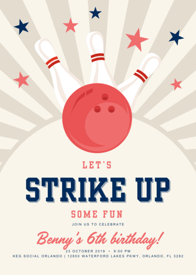 Retro-inspired bowling birthday invitation featuring a red bowling ball, pins, and starburst design, inviting guests to 'Strike Up Some Fun' for Benny's 6th birthday at Keg Social Orlando.