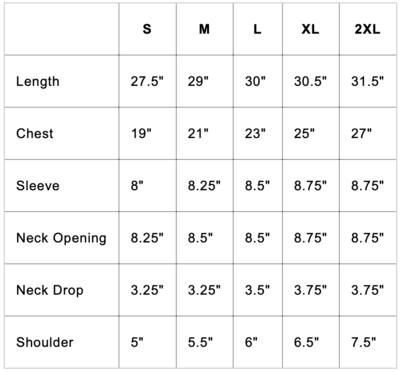 Short Sleeve Trash Tee Size Chart