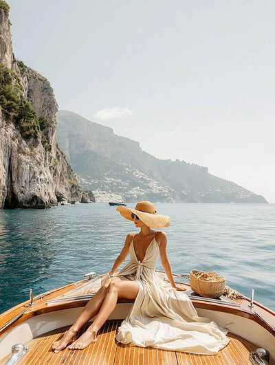 Woman traveler enjoying a Mediterranean vacation on a boat reading The Oasis Edit Newsletter. Tailored Oasis Travel Co.