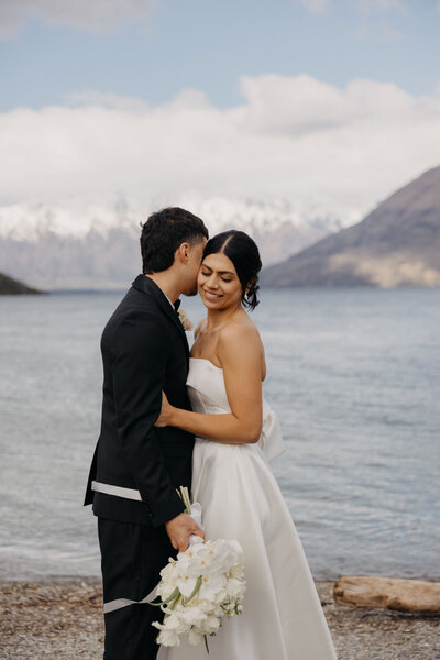 Coronet Peak Queenstown Wedding Photographer - photo of bride and groom on the mountain, black and white portrait