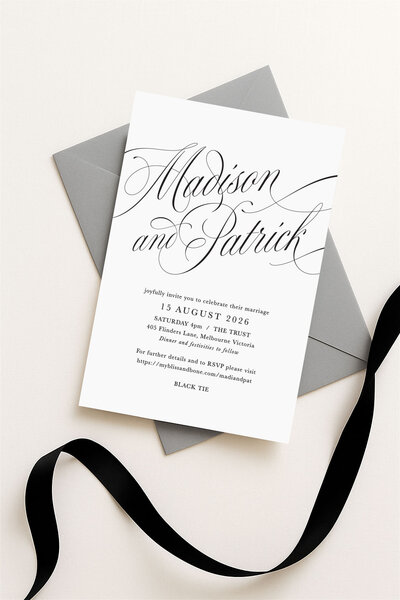 Rectangle invitation white card with black printed calligraphy style design