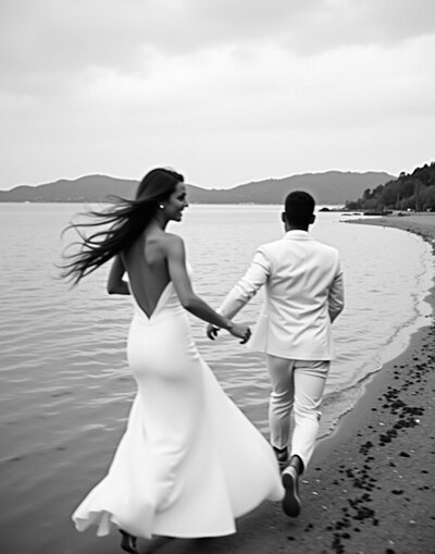 Bride and groom hugging