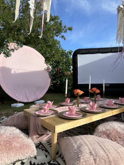 movie screen and projector blow up for a backyard party