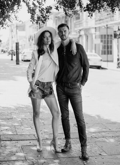 SEXY, FASHION-FORWARD ENGAGEMENT SESSION IN NEW ORLEANS black and white wearing a hat