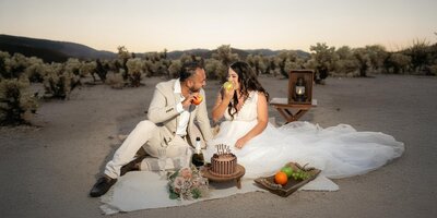 Joshua Tree Elopement with bride and groom enjoying boho style picnic and wedding cake.