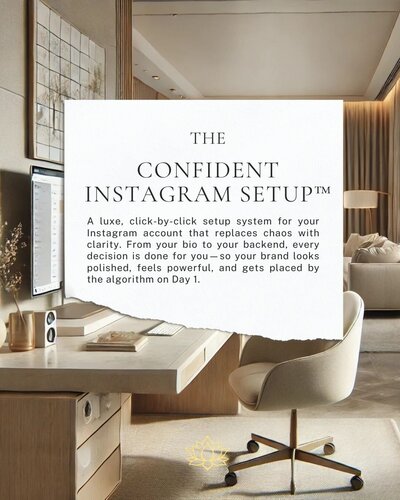 A modern neutral office workspace featuring a promotional graphic for The Confident Instagram Setup™—a click-by-click Instagram foundation guide for digital marketers.