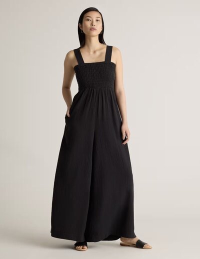 Grab and go with our 100% Organic Cotton Gauze Smocked Wide Leg Jumpsuit. Made of breezy, lightweight organic cotton gauze, it features a flattering smocked bodice and a comfortable wide leg silhouette. Pair it with some sandals for the perfect warm weather outfit.