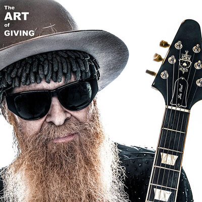 Billy F Gibbons musician portrait closeup wearing hat with sunglasses guitar neck next to him