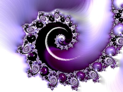A sparkling spiral fractal in rich shades of purple, black and white.