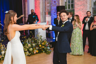 Bride and Groom dancing at wedding recpetion at Mass MoCa in North Adams