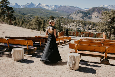bride in black with mountains