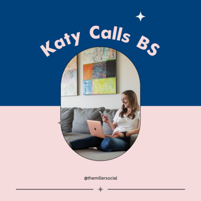 podcast cover by the social media strategist and content creator. the cover has a photo of katy miller on the gray couch with the pink gold laptop on her lap and she is looking at her cell phone. all around is the blue and pink of the brand's color palette