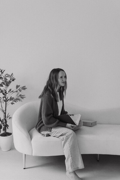 Black-and-white portrait of Halle Cherry, licensed counselor in Brentwood TN, offering faith-rooted therapy for women, couples, and families through For the Sheepish Counseling Ministries