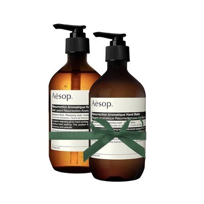 Aesop hand wash and lotion duo in amber bottles – luxurious gift set featured by Sweet Pea Ink Creative.