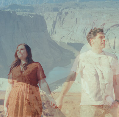 35mm film photo of a couple holding hands at a Horseshoe Bend overlook