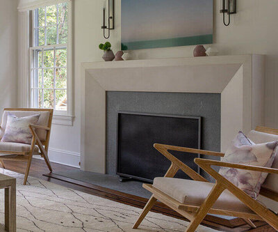 Cream and pewter dimensional fireplace in residential traditional home
