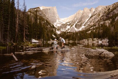 Couple hiking in Breckenridge on their wedding day