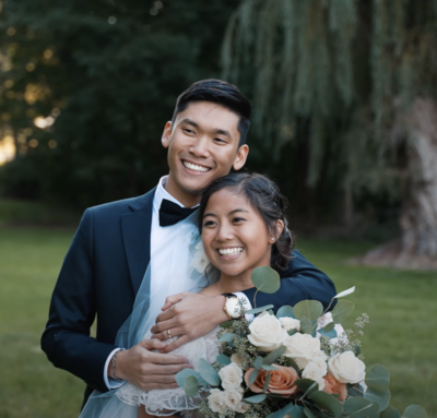 bride and groom hugging