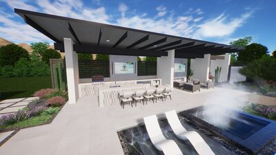 Modern pergola with outdoor kitchen and statement tile