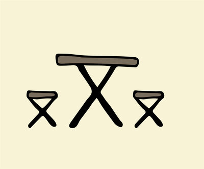 Illustration of a simple, minimalist furniture set with a table and two stools, each with a brown top and crossed black legs, evoking the rustic charm of Mayo Florida campgrounds, all set against a plain, light beige background.