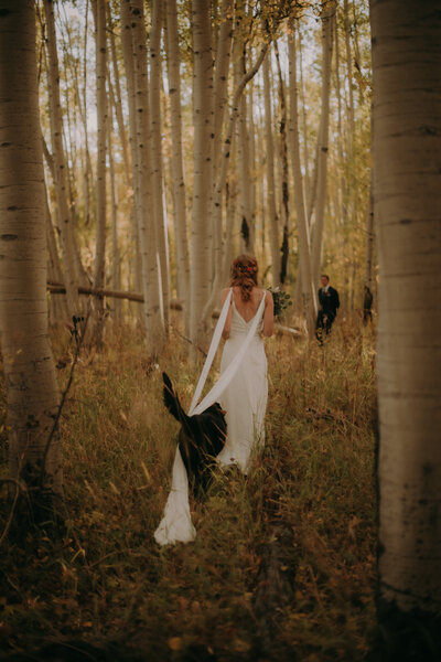 A bride is walking away from the camera in a wooded area with a black dog toward her groom in the distance