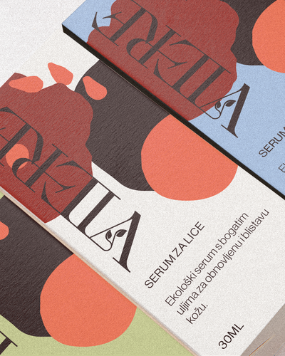 Artisanal organic grapeseed serum packaging featuring vibrant hand-drawn botanical illustrations on a colorful box design that emphasizes natural ingredients and sustainable beauty