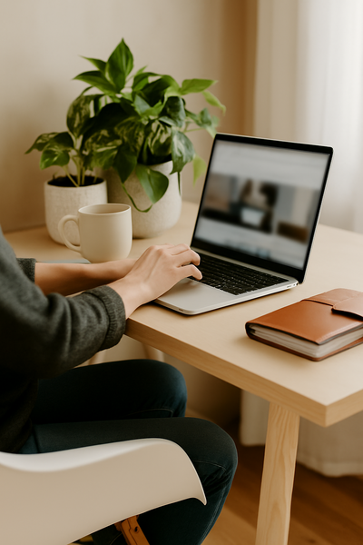 Modern minimalist home office workspace with a laptop, coffee mug, and natural daylight—ideal setting for online creativity and resource browsing