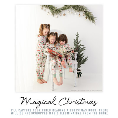 A studio Magical Christmas mini photo session captured three children reading a book on the Magic of Christmas. Shot by bri Sullivan Photography, the photo shows the children sitting on a clean, all white backdrop. The pure style highlights the children's joy and curiosity as they immerse themselves in the enchanting story.