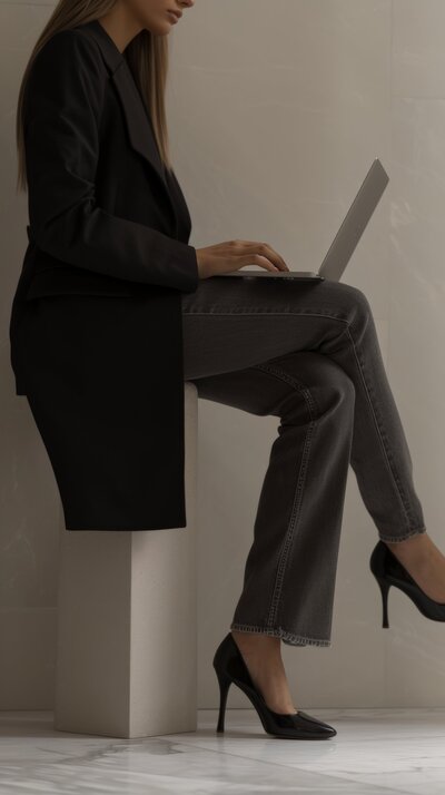 Luxury moody-boss setup with dark tones and elevated styling—confidence meets coziness