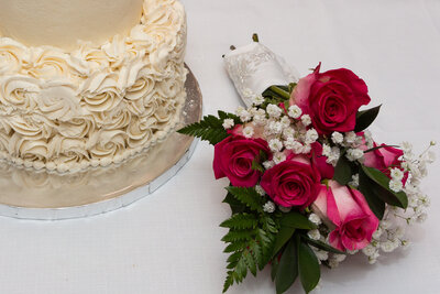 Wedding Cake and Bride's Boquet  from an at home wedding with Ron Schroll Photography in Charlotte, NC