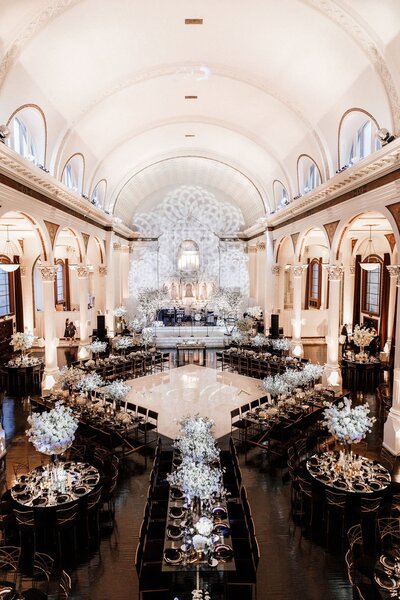 Large luxury event space with tall vaulted and arched ceiling