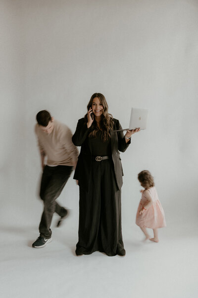 Juliana Holmes of Beyond the Event with her family, balancing work and home life with her husband, toddler, and German Shepherd.