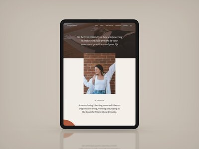 iPad mockup displaying a thoughtfully designed website for a yoga and Pilates instructor, ideal for wellness entrepreneurs seeking a fresh, easy-to-navigate, and visually calming online space for their business.