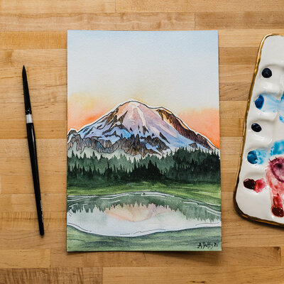 A watercolor painting of a glowing Mt Rainier above Tipsoo Lake by Amy Duffy