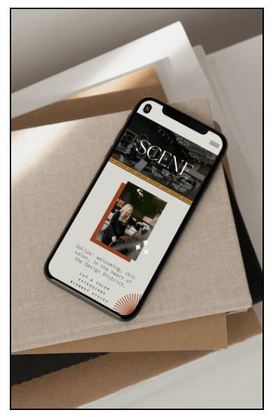 Mobile website mockup on iPhone for SCENE Salon hair salon client.