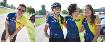 3 women in cycling jerseys laughing