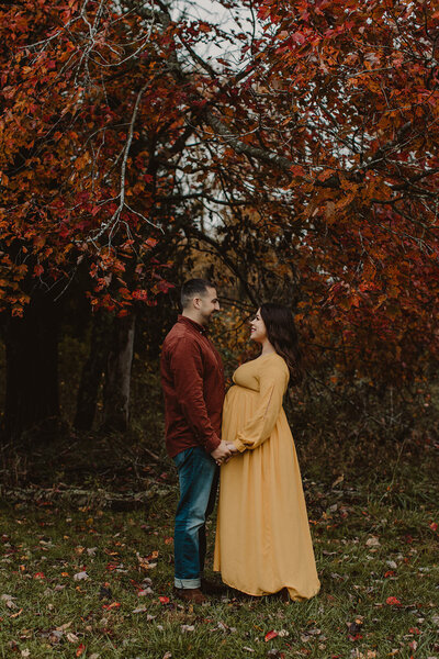A pregnant couple holding hands and standing in a park 