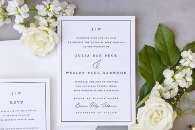 wedding flat lay with invite and  flowers