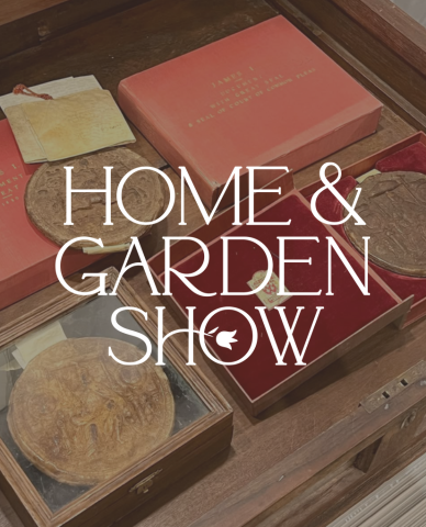 logo of home and garden show overlayed photo of vintage red and wooden boxes