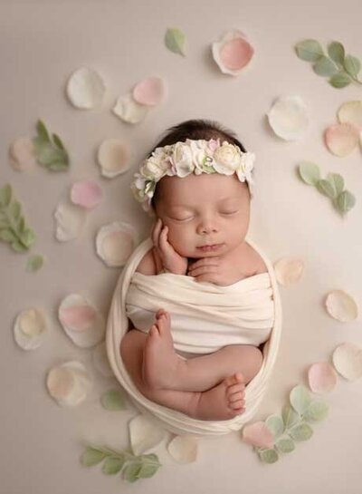 baby girl swaddled in cream wrap and laying in a pile of flowers. Jenni Nikki took this photo at her Woodstock Photo studio near Marietta, GA.
