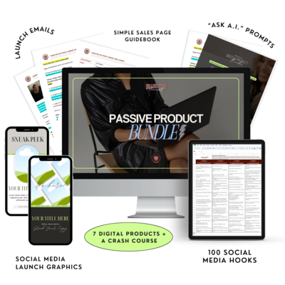 Detailed display of digital products and courses included in the Passive Product Bundle