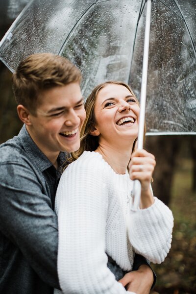 couple hugging under umbrella