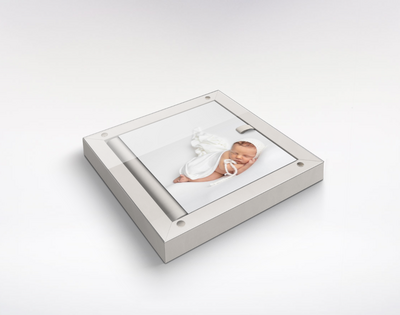 newborn baby photo album light and airy white in box