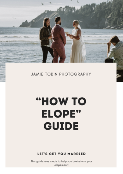 A mockup with a photo of a couple saying vows and text under that reads "Jamie Tobin Photography, How to Elope Guide"
