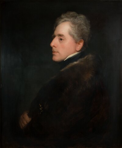 Antique oil portrait of a distinguished grey-haired gentleman wearing a brown fur coat, exuding timeless elegance and character.