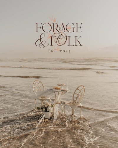 Branding and logo design by Life in Letters overlaid on an image of the ocean featuring florals and a wedding table design representing full service design and calligraphy by Life in Letters.