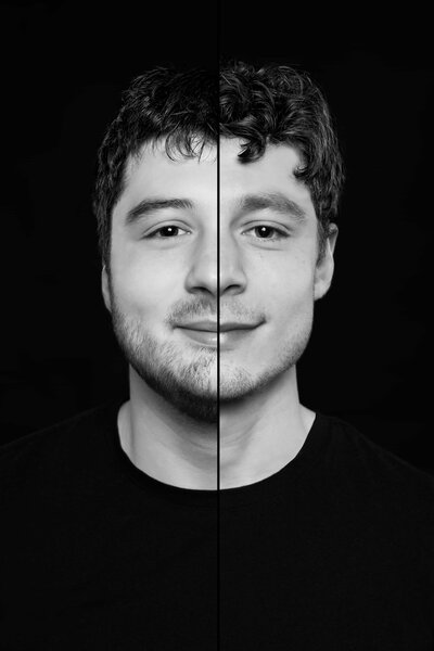 Uniek dubbelportret waarin twee gezichten samenkomen in één creatief beeld, gefotografeerd door Studio 2Shoot.