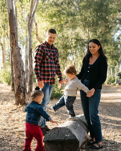 Mom and dad with their twin toddlers playing on a fallen log in the woods.