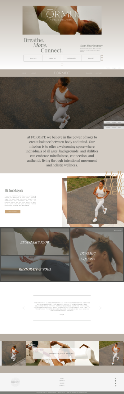 website design mockup for health and wellness coach in yoga, fitness, pilates, mindfulness